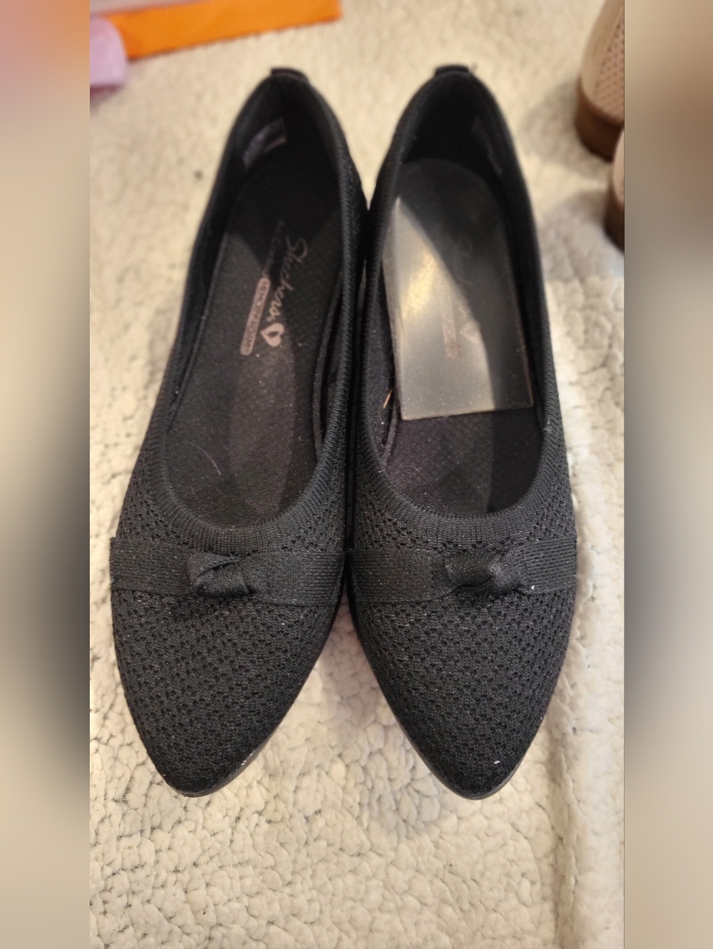 Skechers Black Knit Pointed Toe Ballet Flats with Bow